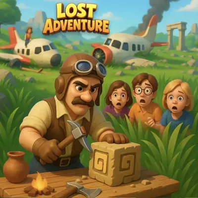 The player character from Lost Adventure standing amidst the wreckage of a plane in a vibrant, mysterious wilderness.