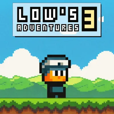 The hero, Low, from Lows Adventure 3, jumping over an enemy in a colorful pixel-art level.