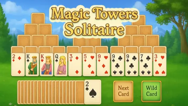 A beautiful game board from Magic Towers Solitaire, showing the three card towers against a medieval castle backdrop.