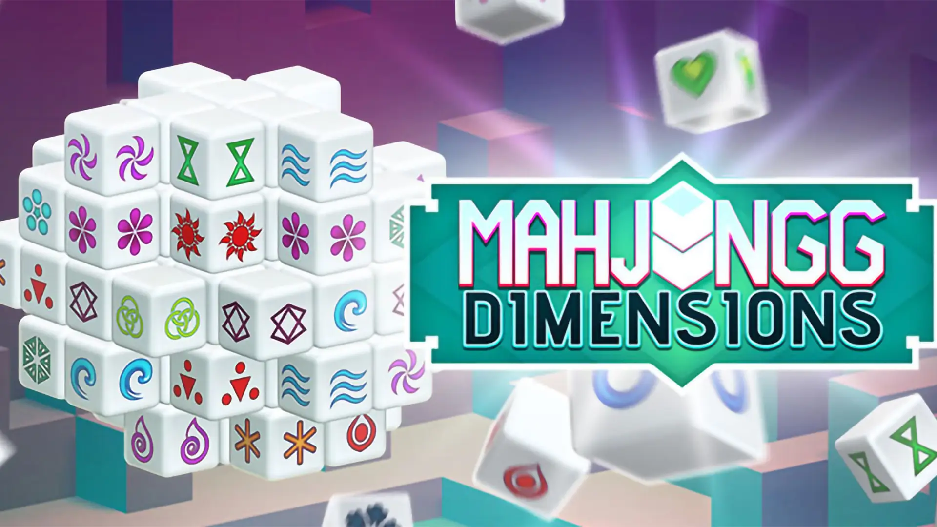 A beautifully rendered 3D cube of Mahjong tiles from the Mahjongg Dimensions game, with a player about to make a match.