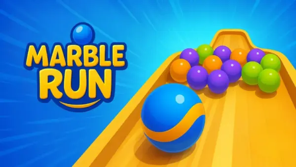 A group of colorful marbles racing down a complex, winding track in the Marble Run Ultimate Race game.