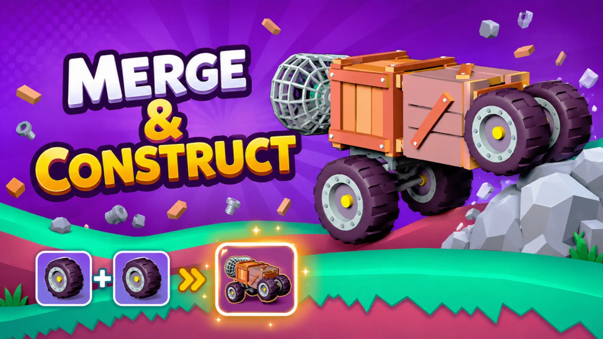 Custom vehicle driving over a rugged terrain obstacle in Merge & Construct