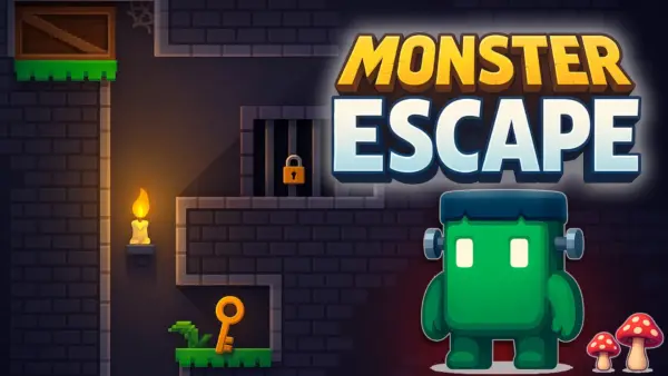 A vibrant level from the Monster Escape game, showing the little green monster and the world tilted at a 90-degree angle.