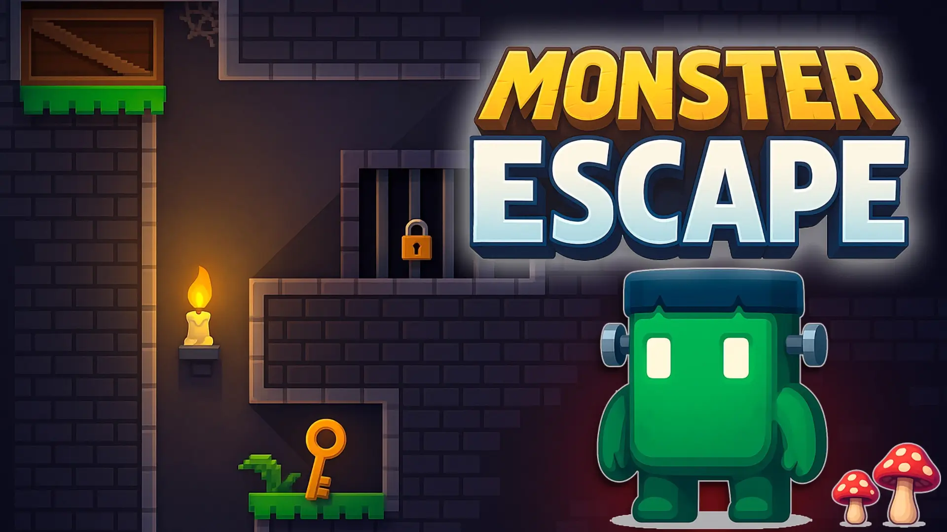 A vibrant level from the Monster Escape game, showing the little green monster and the world tilted at a 90-degree angle.