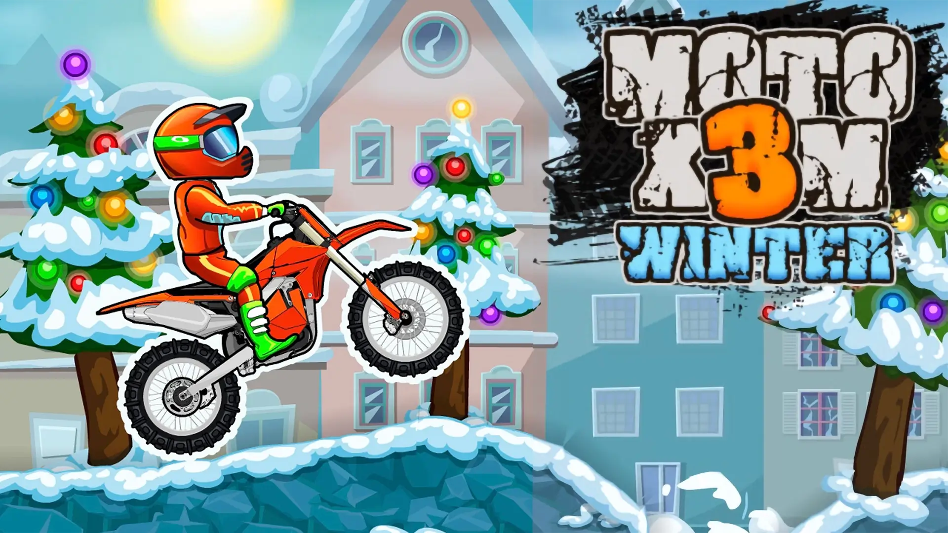 A motorcycle rider performing a spectacular backflip over a snowy obstacle in the Moto X3M Winter game.