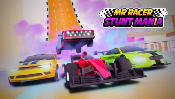 A sleek sports car flying through the air off a giant ramp in the MR RACER : Stunt Mania game.