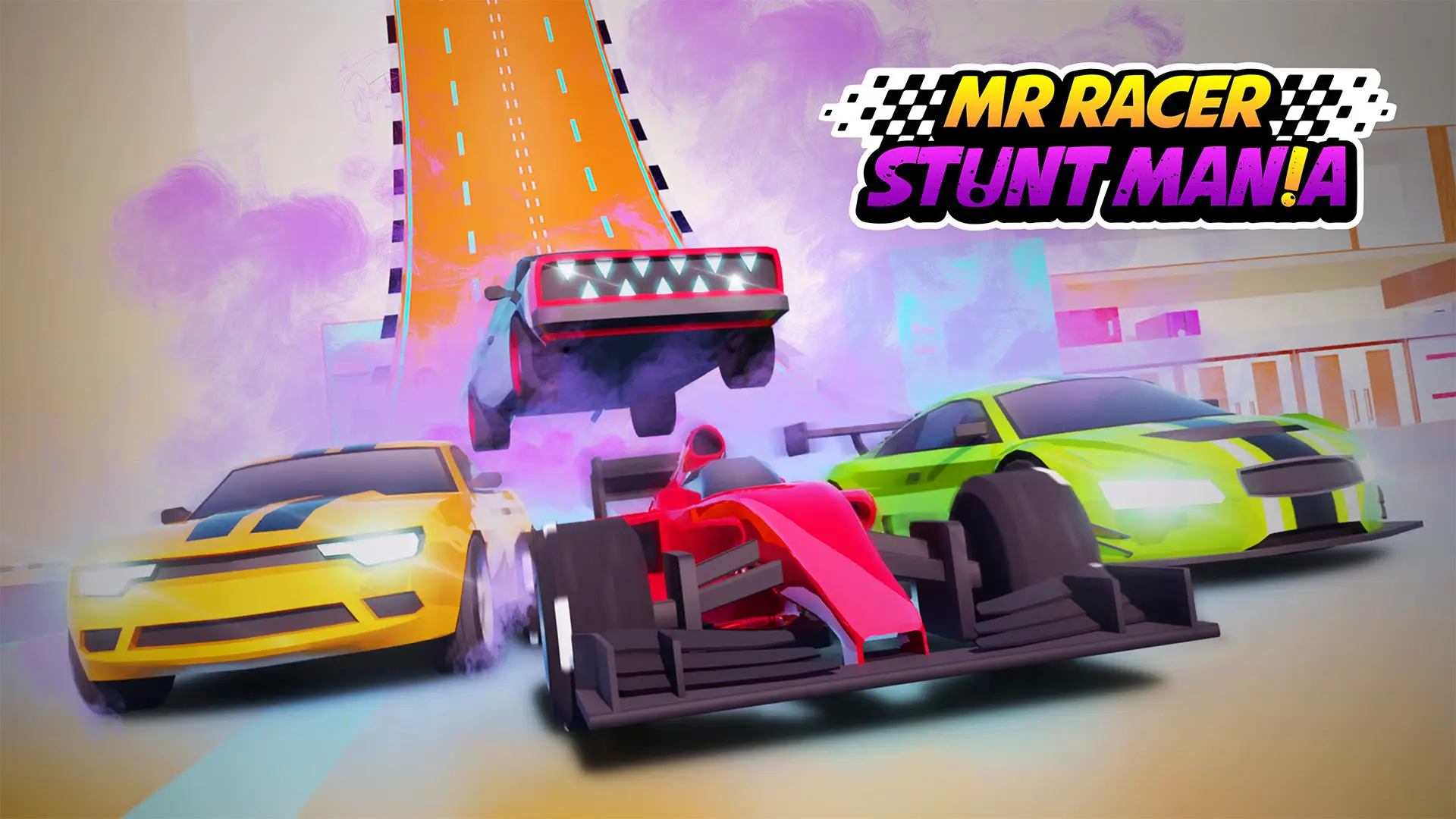 A sleek sports car flying through the air off a giant ramp in the MR RACER : Stunt Mania game.