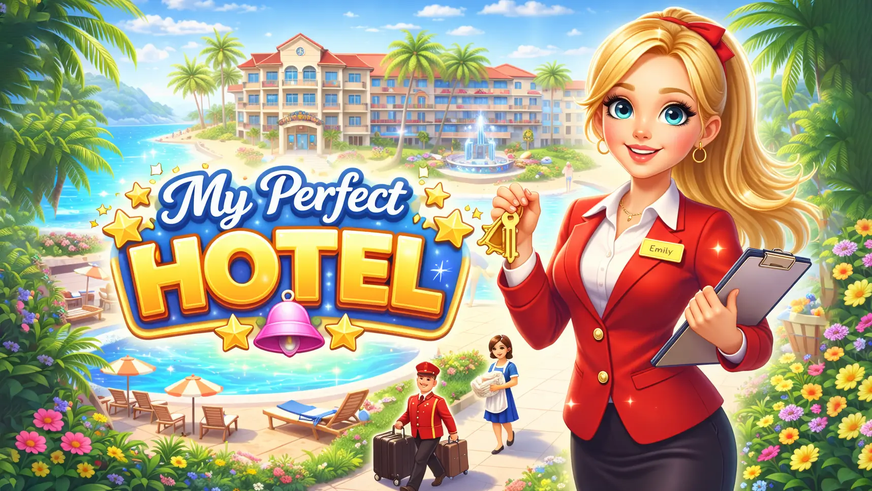 A bustling scene from My Perfect Hotel, showing the player character running between the reception desk and guest rooms to serve customers.b z. n