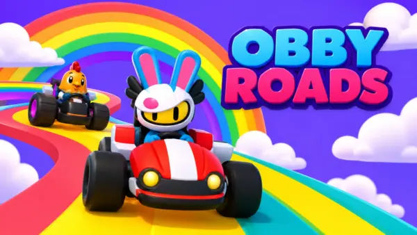 Player driving a colorful car through a floating parkour track in Obby Roads