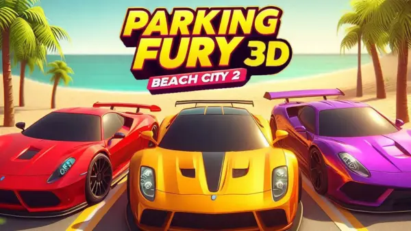 A sleek supercar pulling into a tight parking spot in the sunny, coastal city of Parking Fury 3D: Beach City 2.
