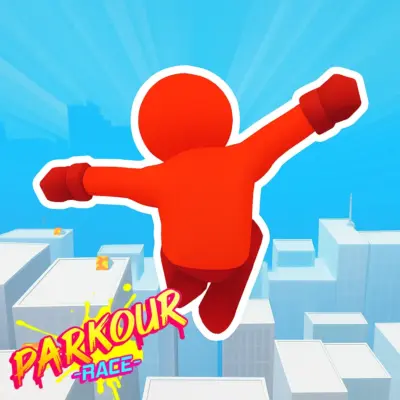 Parkour Race game cover showing a red stickman jumping across rooftops in a bright city background
