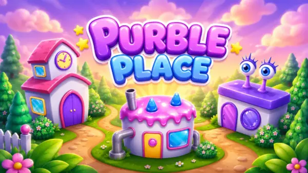 Purble Place game cover featuring a colorful pastel fantasy village with cute cartoon buildings, glossy 3D graphics, candy-style architecture, whimsical purple characters, winding paths, flowers, and a dreamy pink sunset sky.