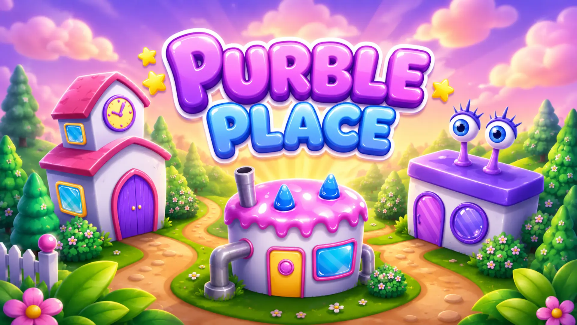 Purble Place game cover featuring a colorful pastel fantasy village with cute cartoon buildings, glossy 3D graphics, candy-style architecture, whimsical purple characters, winding paths, flowers, and a dreamy pink sunset sky.