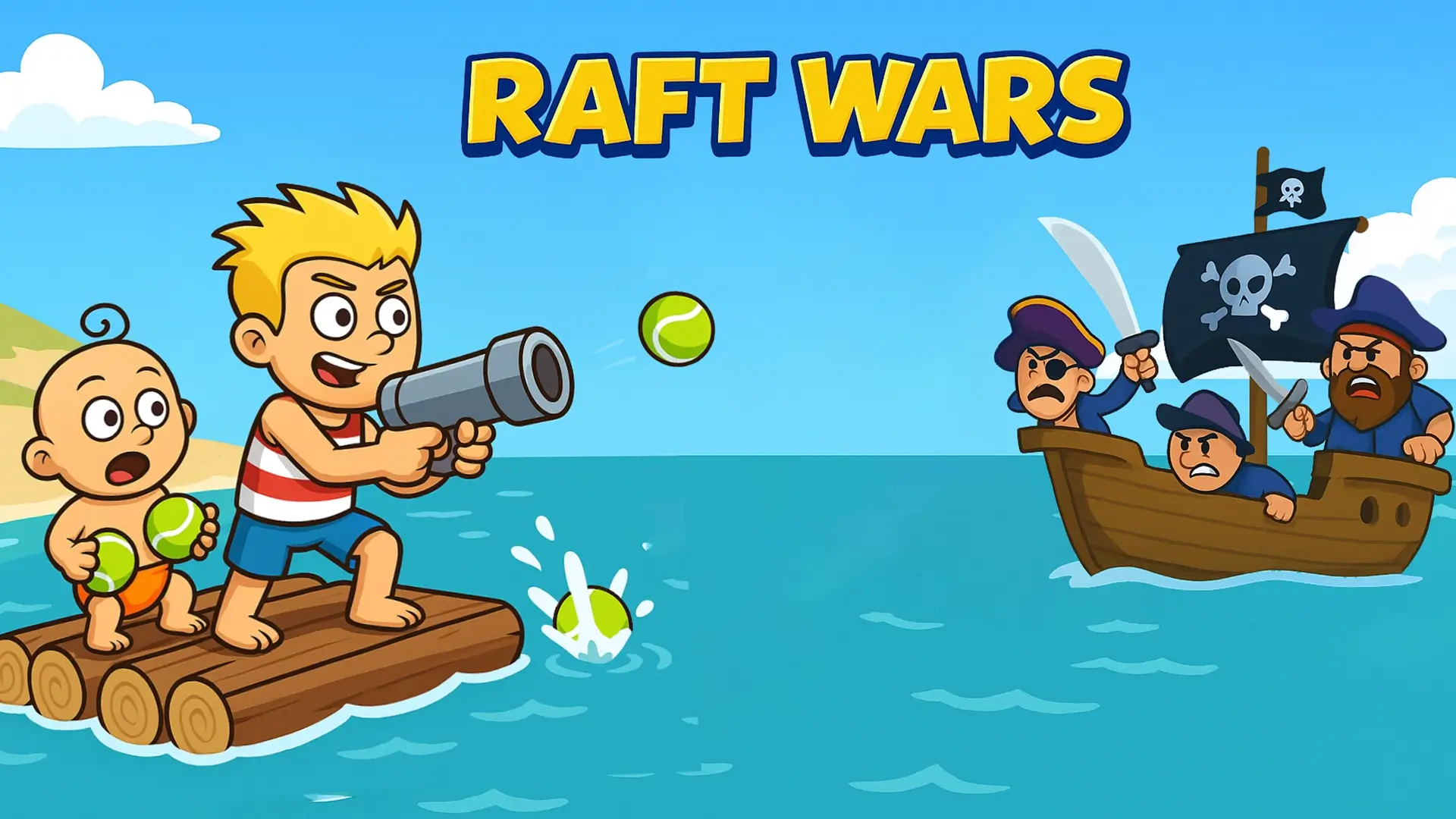 A battle scene from the Raft Wars game, showing the two brothers on their raft firing a tennis ball at a group of pirates.