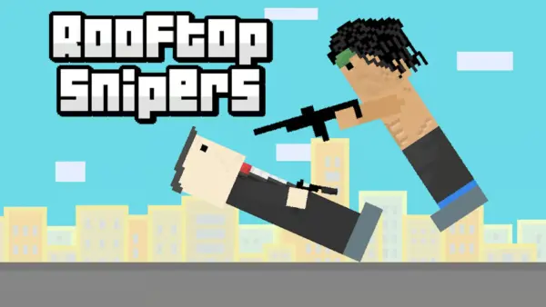 Two pixelated characters engaged in a chaotic shootout on a rooftop in the Rooftop Snipers game.