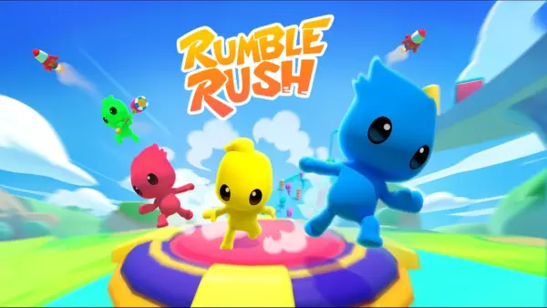 A group of colorful, cartoonish characters racing and stumbling through a chaotic obstacle course in the Rumble Rush game.