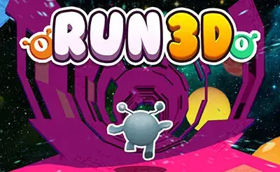 Alien character running inside a 3D space tunnel in the skill game Run 3.