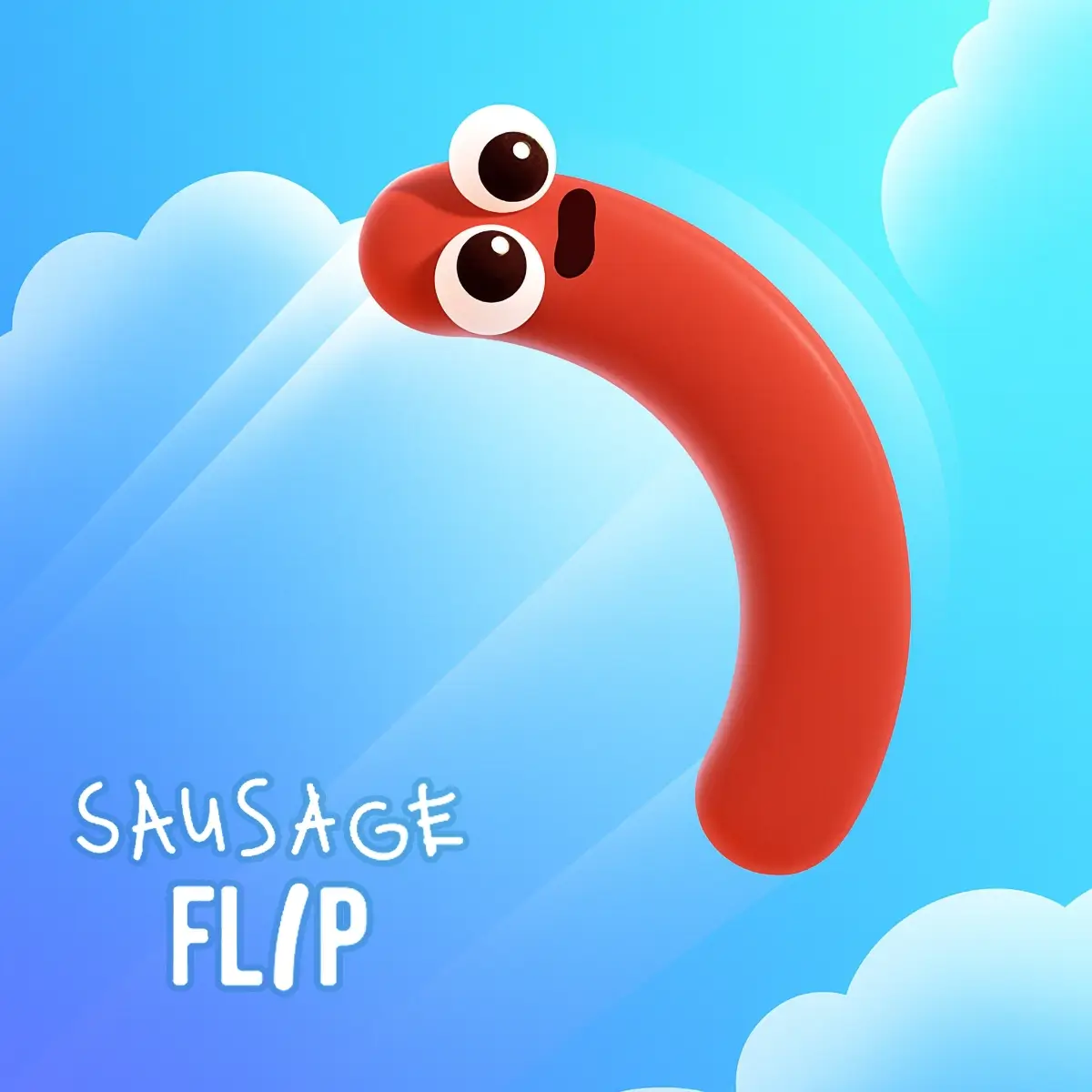 Sausage Flip game cover showing a funny cartoon sausage character jumping through the sky with clouds and bright blue background.