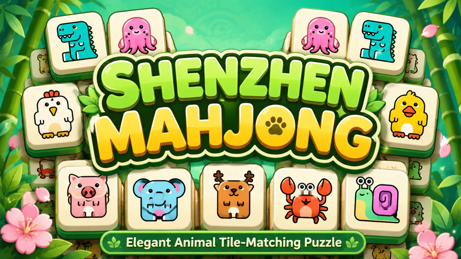 Shenzhen Mahjong game cover featuring cute animal mahjong tiles including dinosaurs, octopuses, chicks, pigs, deer, crabs, and snails in a colorful minimalist puzzle style with bright pastel colors, clean cartoon graphics, and a relaxing tile-matching game atmosphere.