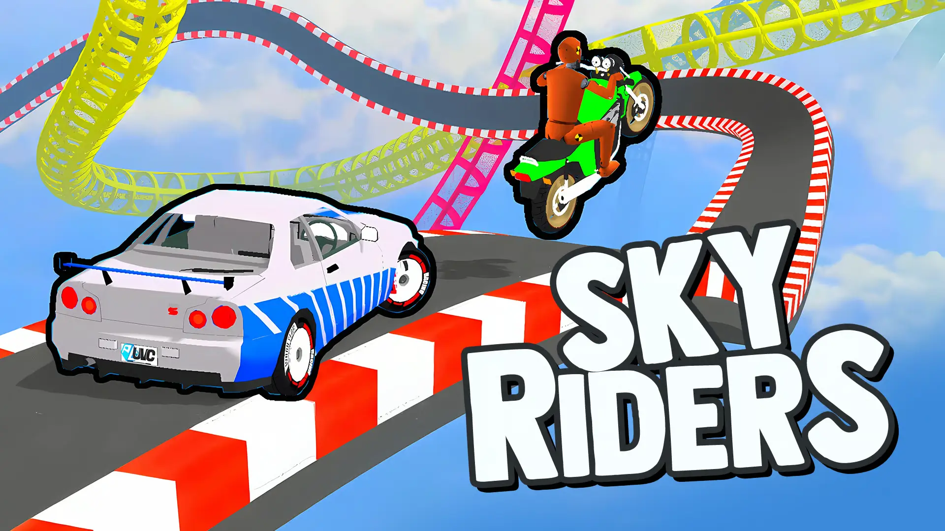 Sky Riders game cover – bike and car racing on a road in the sky, HTML5 browser game playable on desktop and mobile