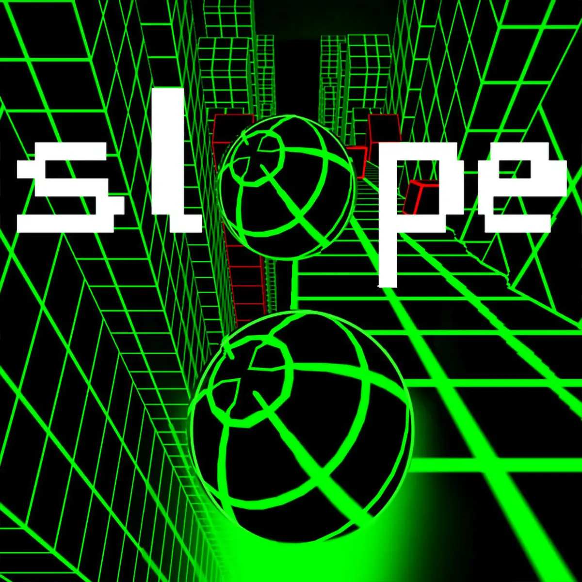 A neon green ball speeding down a dark, 3D slope, narrowly dodging red obstacles in the Slope Game.