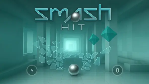 A first-person view from the Smash Hit game, showing a metal ball flying towards a series of beautiful, breakable glass obstacles.