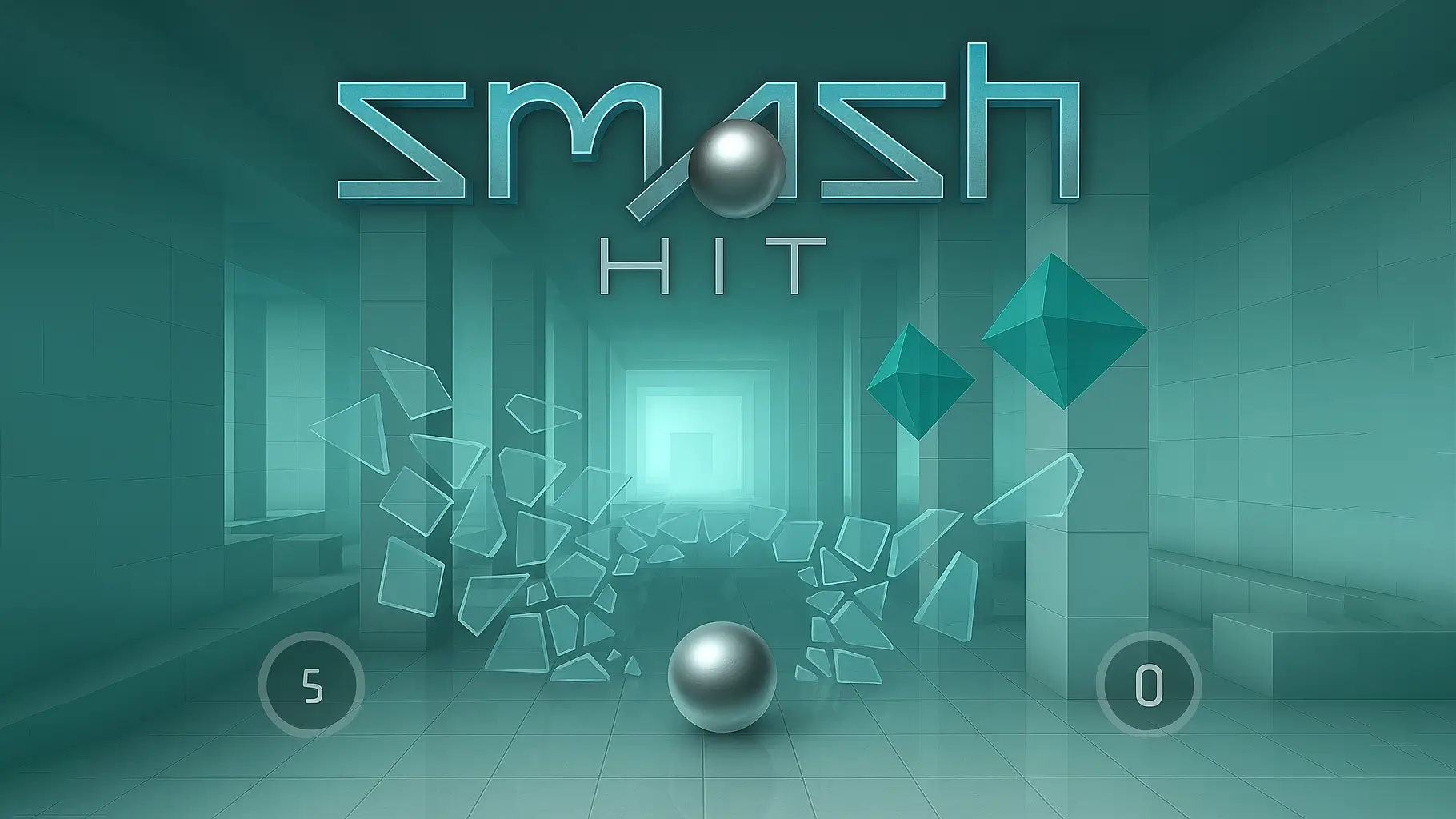 A first-person view from the Smash Hit game, showing a metal ball flying towards a series of beautiful, breakable glass obstacles.