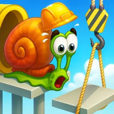 The adorable Snail Bob character navigating a dangerous construction site level in the game Snail Bob 1: Finding Home.