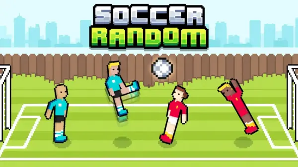 Soccer Random gameplay showing pixelated players kicking ball