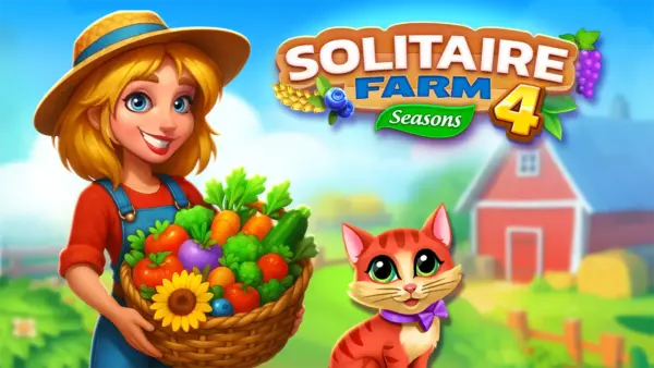 A vibrant and cheerful game screen from Solitaire Farm 4, showing both the solitaire card layout and the beautiful farm in the background.