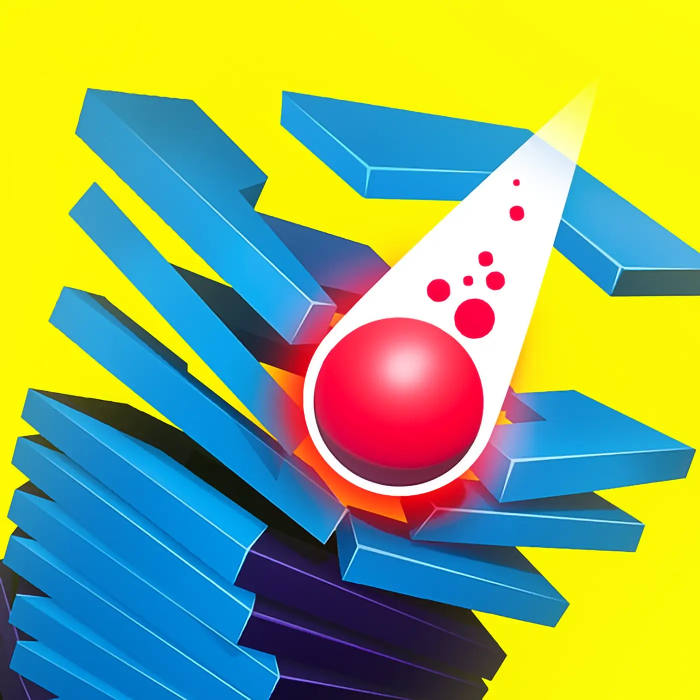 A powerful fireball from the Stack Ball game smashing through a stack of helix platforms.