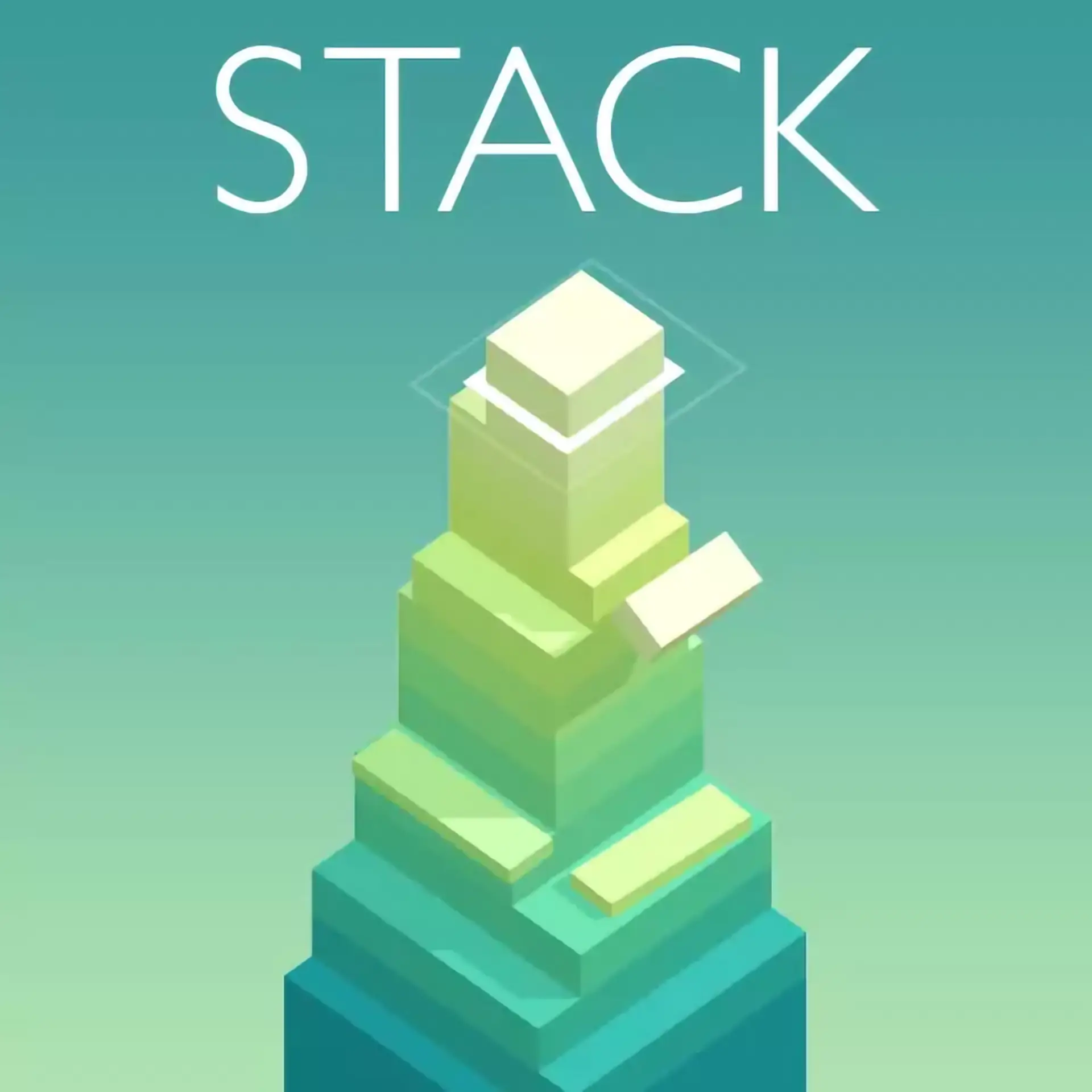A tall, colorful tower of blocks from the Stack game, with a new block sliding into place at the top.