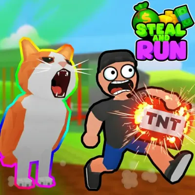 A chaotic scene from the Steal and Run game, showing multiple players running around trying to steal characters from each other's bases.