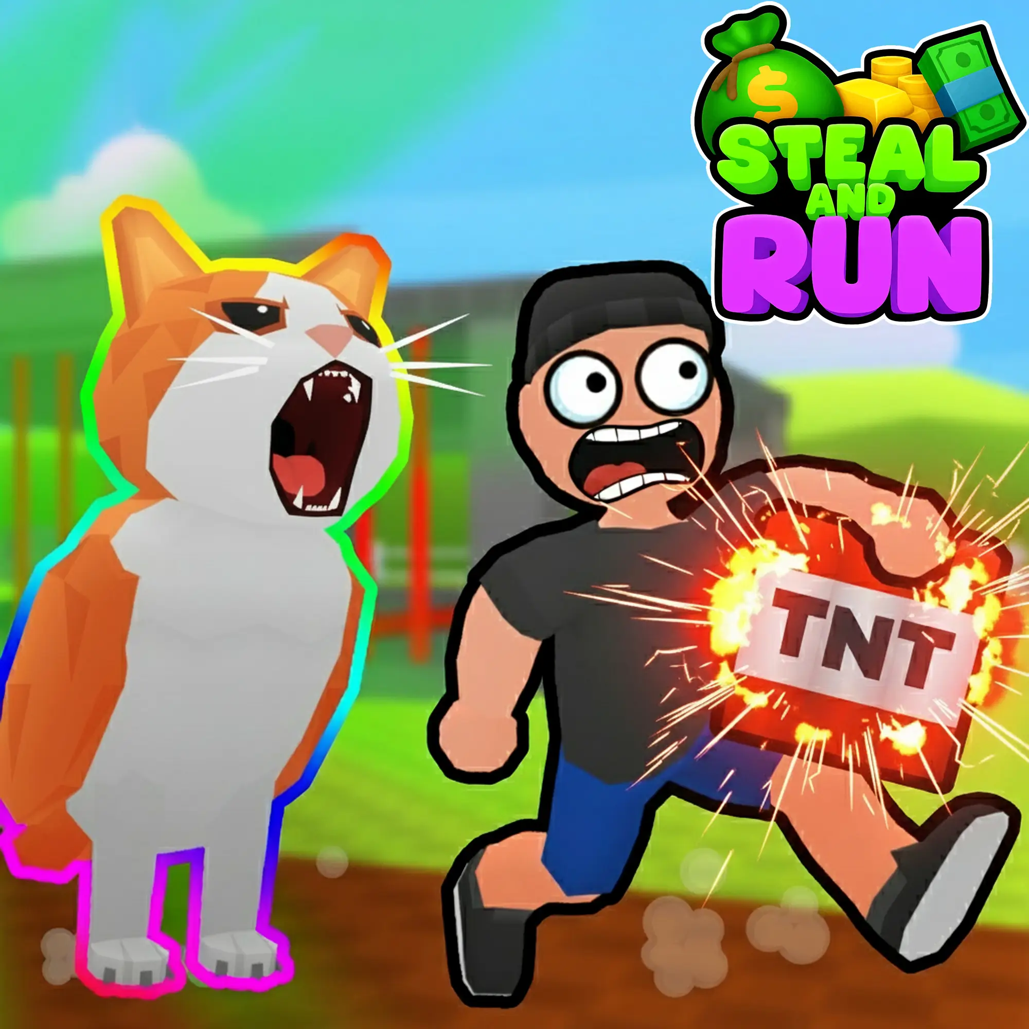 A chaotic scene from the Steal and Run game, showing multiple players running around trying to steal characters from each other's bases.