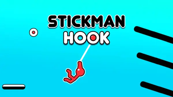 Stickman Hook game cover showing stickman swinging from a hook on blue background