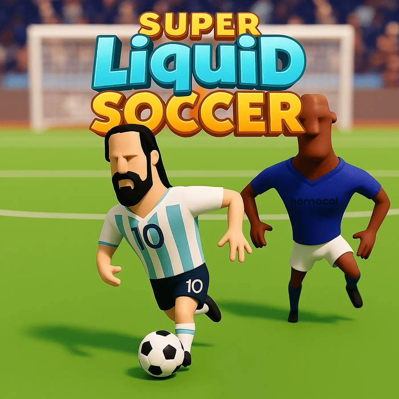 A chaotic and fun soccer match in Super Liquid Soccer, with floppy players battling for the ball.