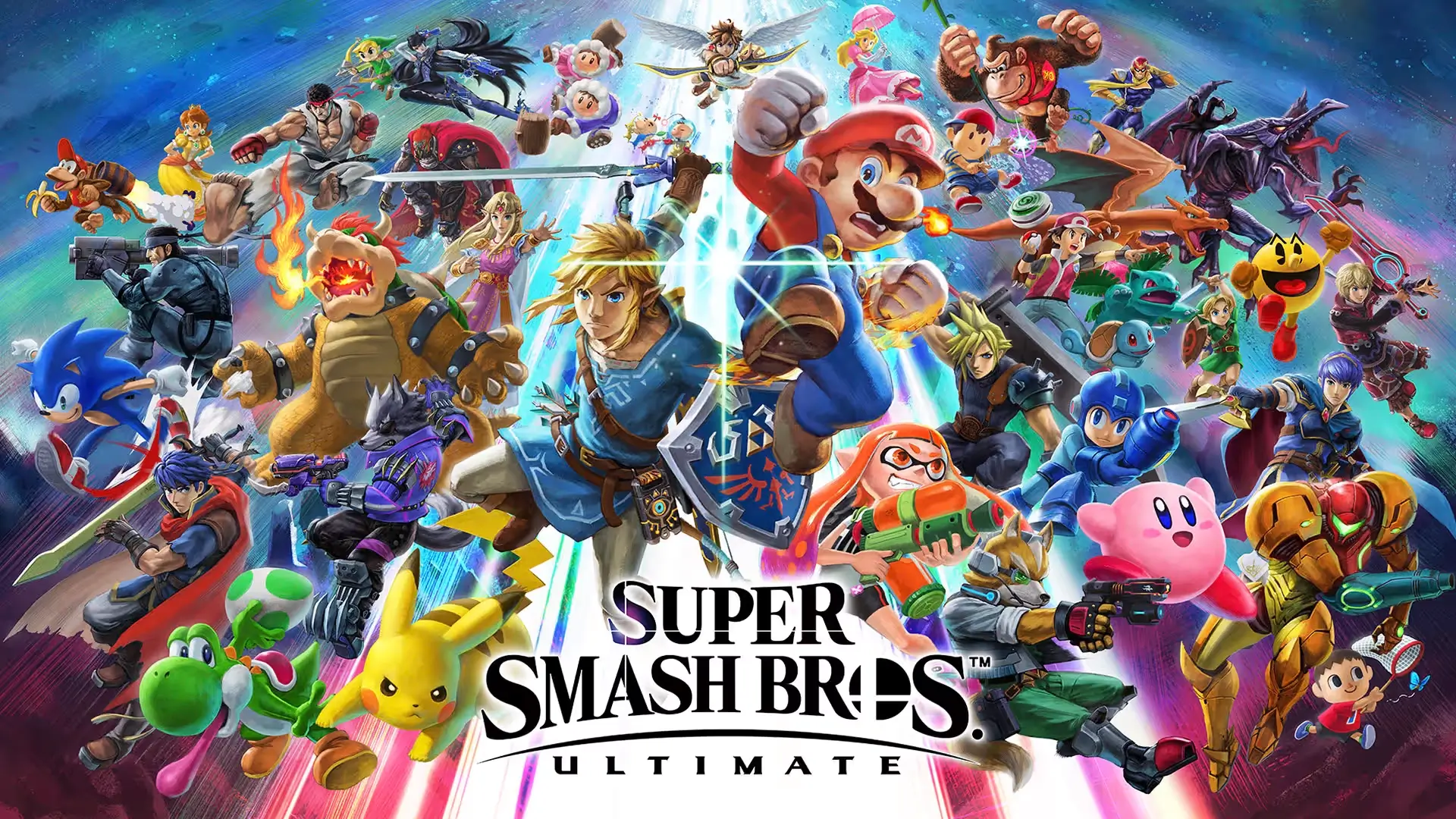 A massive collage of dozens of video game characters from the Super Smash Bros Online. Ultimate roster, all ready for battle.