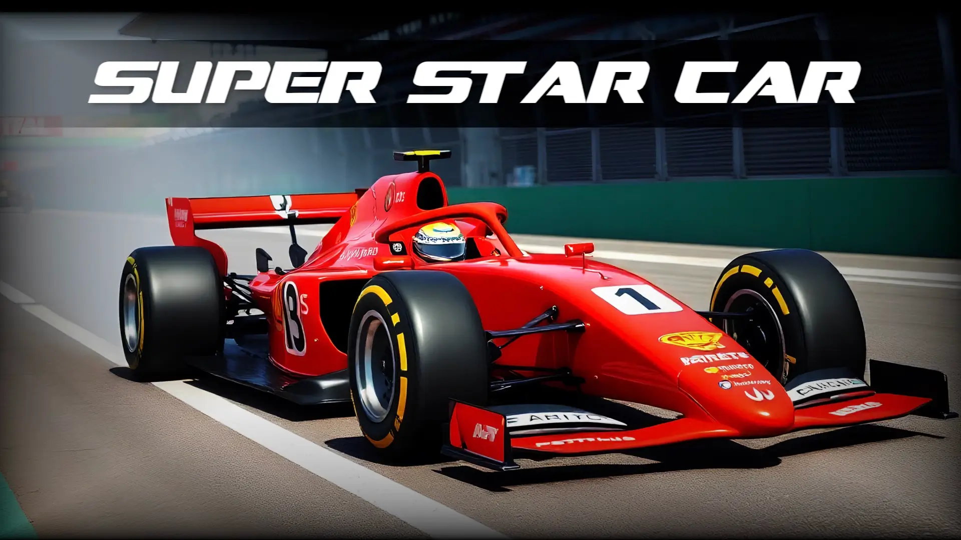 A sleek Formula 1-style car from the Super Star Car game, speeding around a corner on a professional racetrA sleek Formula 1-style car from the Super Star Car game, speeding down the main straight of a detailed racetrack.ack.