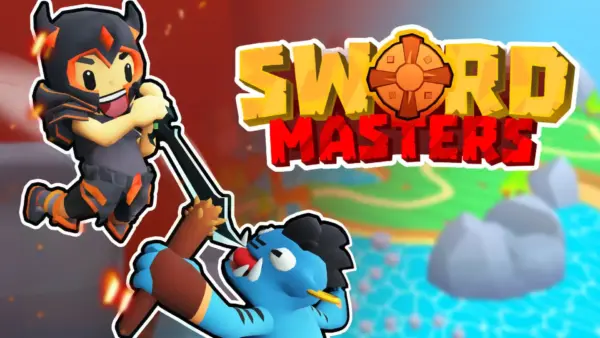 A powerful warrior from the Sword Masters game, wielding a glowing sword and accompanied by a legendary pet, facing down a monster.