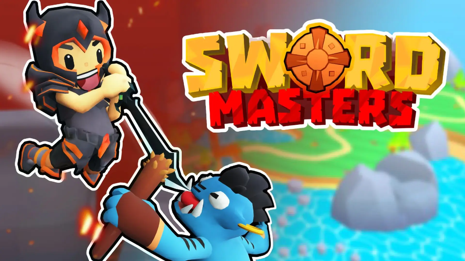A powerful warrior from the Sword Masters game, wielding a glowing sword and accompanied by a legendary pet, facing down a monster.