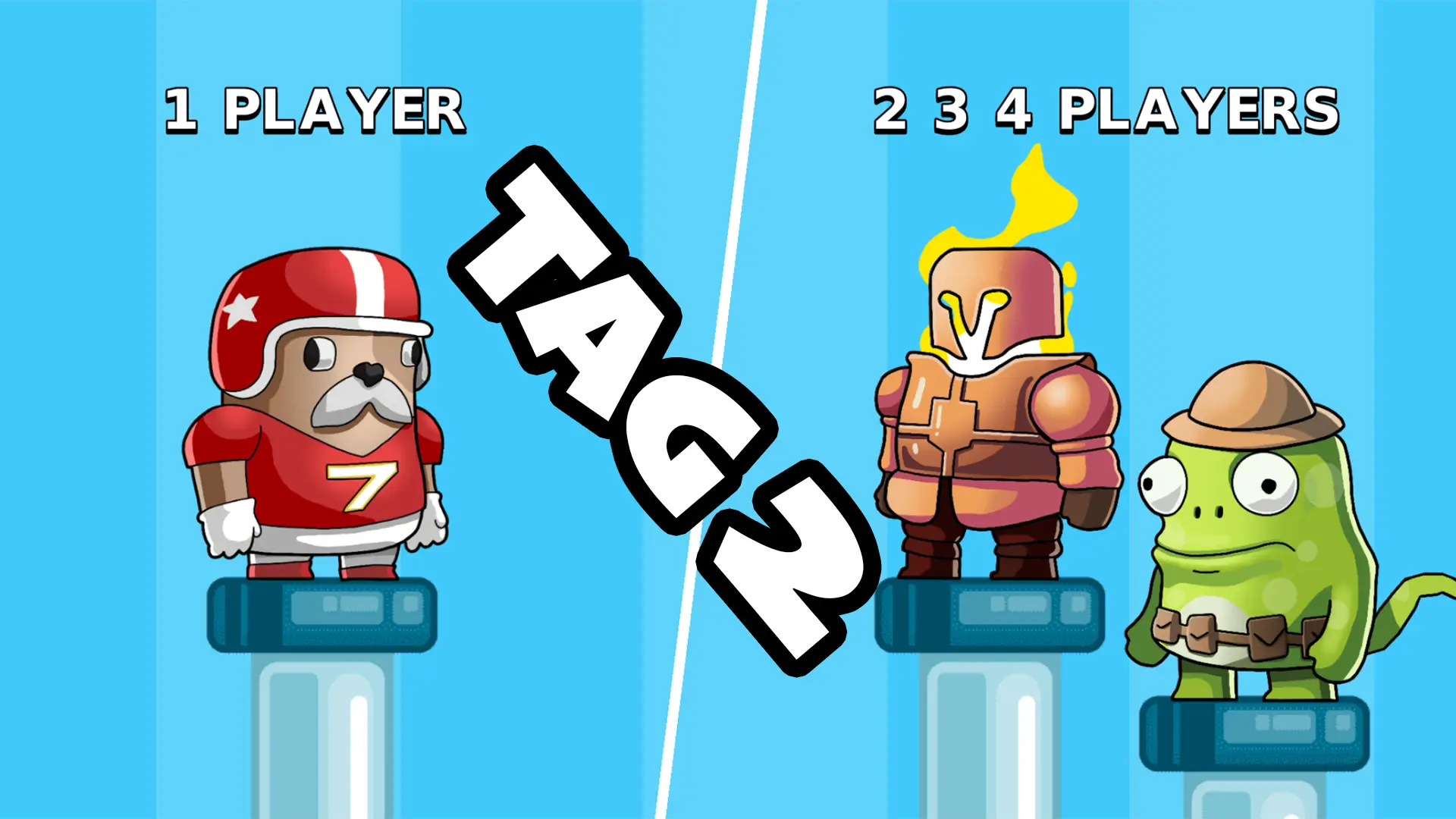 Four colorful characters chaotically running and jumping across a hazard-filled map in the Tag 2 game.