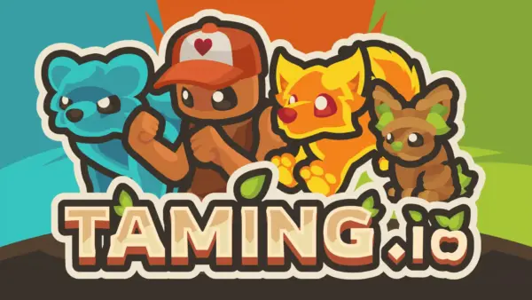 Taming IO gameplay cover showing player with tamed pets and base structures