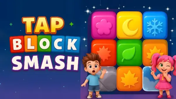 A colorful game board from Tap Block Smash, showing a player about to tap a large cluster of blocks.