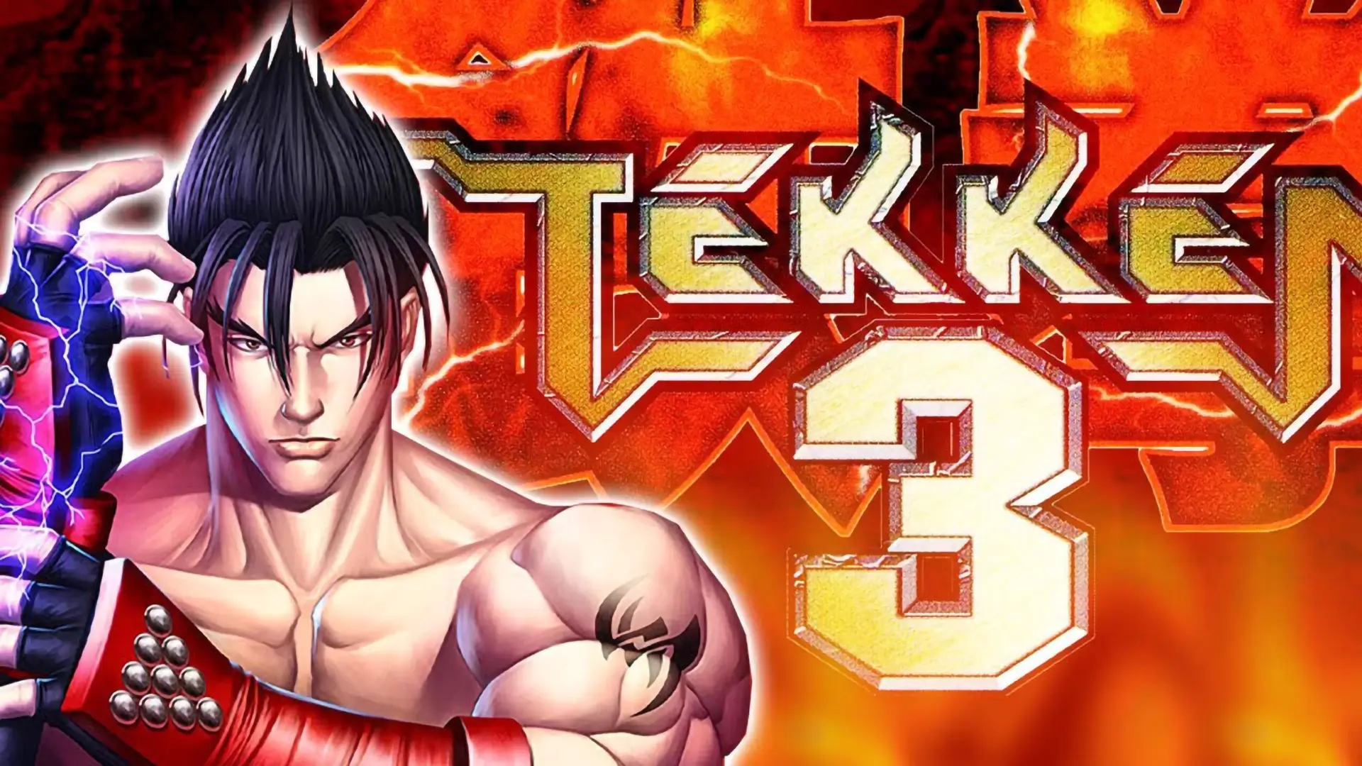 A classic screenshot from the Tekken 3 game, showing two iconic characters like Jin Kazama and Hwoarang facing off in a dynamic fighting pose.