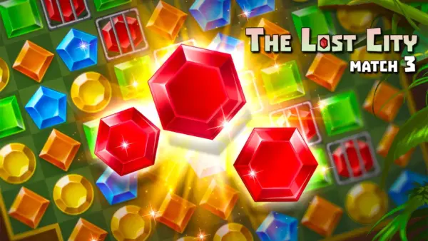 A vibrant and colorful game board from The Lost City - Match 3, filled with sparkling jewels and magical effects.
