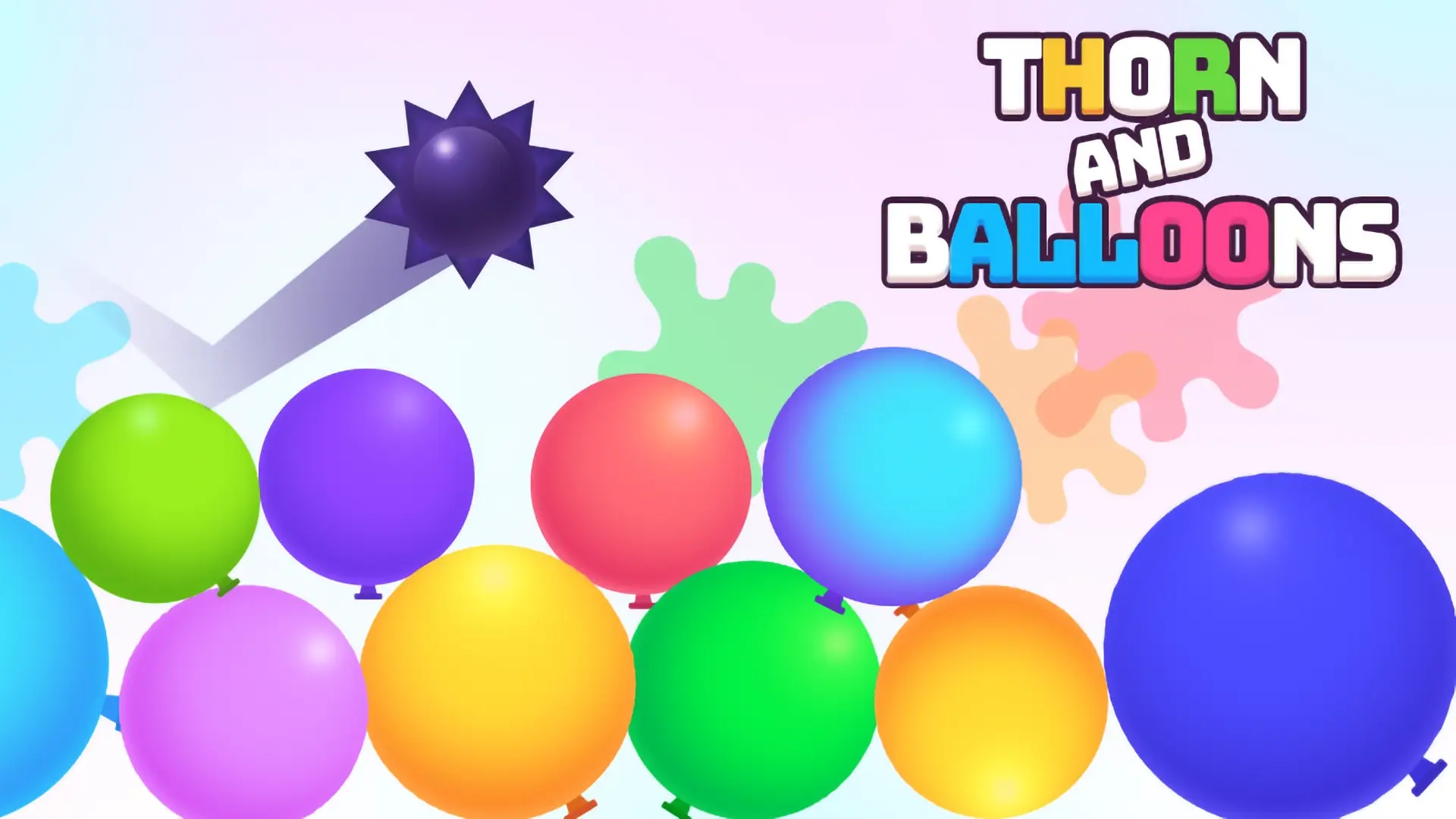 A spiked thorn ball in mid-flight, about to cause a chain reaction by popping a series of colorful balloons in the Thorn and Balloons game.