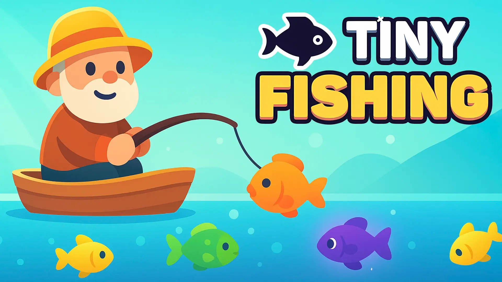 A cartoon fisherman in a boat, reeling in a line full of colorful fish from a vibrant blue ocean in the Tiny Fishing game.