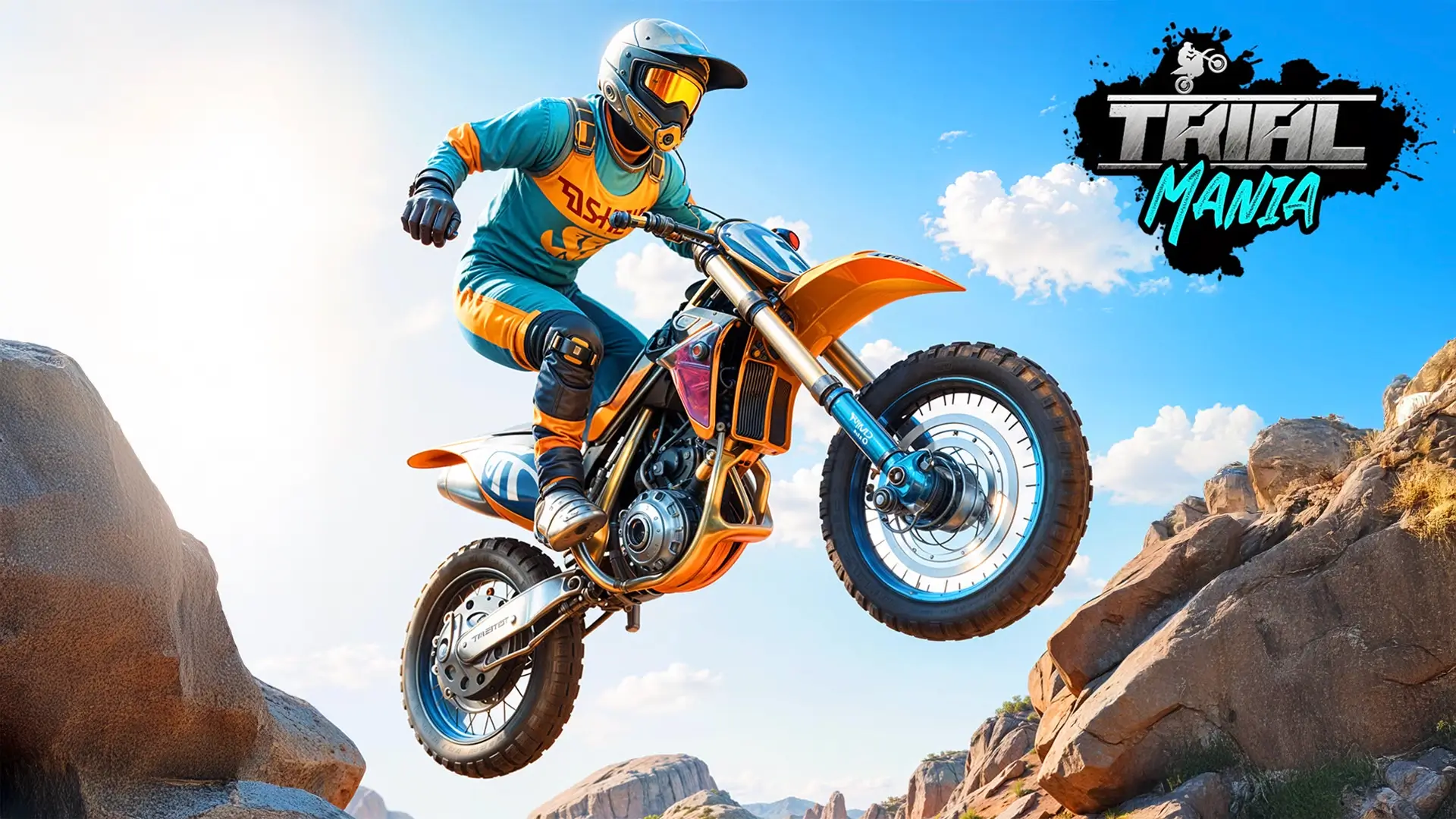 A rider on a dirt bike performing a spectacular mid-air stunt in the Trial Mania Bike game, with a beautiful landscape in the background.