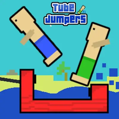 Two colorful characters chaotically bouncing on a floating tube while a giant shark lurks in the water below in the Tube Jumpers game.