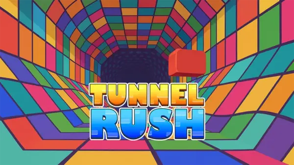 A vibrant, first-person view of speeding through a colorful, obstacle-filled tunnel in the Tunnel Rush game.